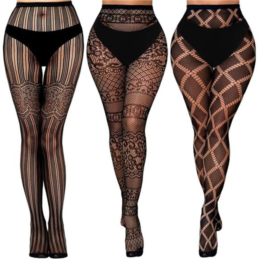 3 Pcs Lace Patterned Fishnet Tights for Women Black Fishnets Leggings